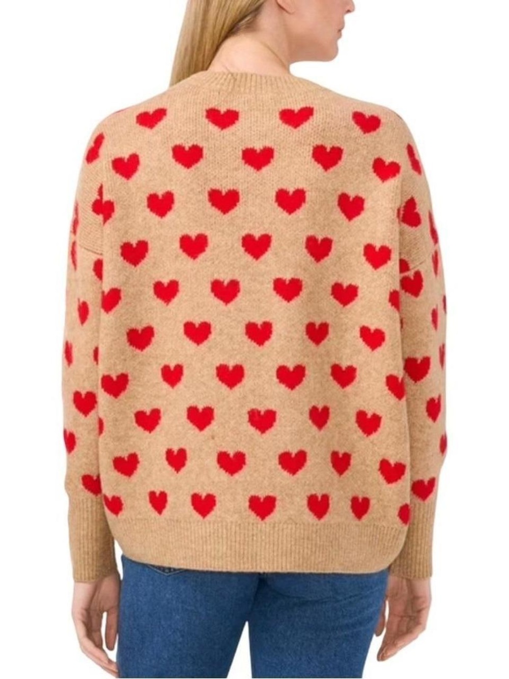 NWT Vince Camuto Tan Crewneck Sweater with Red Heart Pattern - Picture 2 of 8